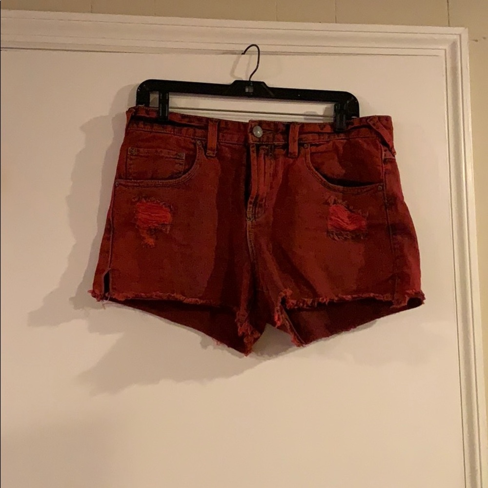 Free People Red denim ripped shorts